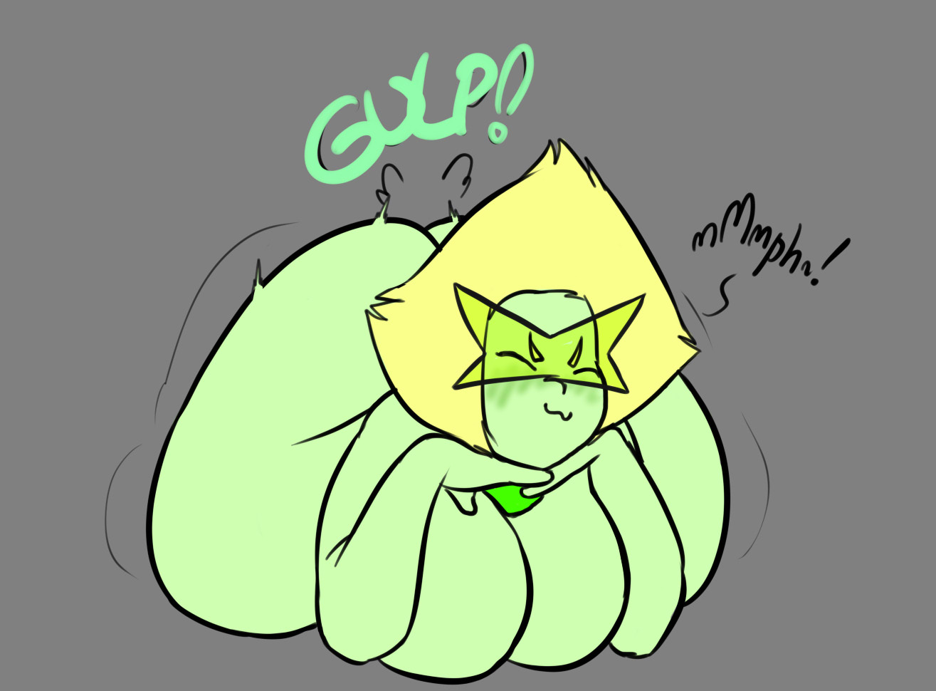 anal vore, ass, blonde hair, breasts, cartoon network, clothed, clothed female, clothed female nude female, completely nude, completely nude female, delt, fat ass, female, female only, female pred, female prey, green body, green skin, huge ass, huge breasts, hyper, hyper butt, hyper thighs, nude, nude female, oc, oc pred/canon prey, original character, pearl (steven universe), peridot (steven universe), peril the green bolt, steven universe, thick thighs, unwilling prey, vore