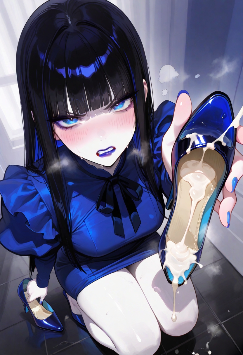 aetera, ai generated, angry, angry eyes, angry face, bare thighs, black hair, black ribbon, blue dress, blue eyes, blue hair, blue high heels, blue highlights, blue nails, blunt bangs, blush, breath, breathing, colored inner hair, cum in shoe, cum on shoes, disgusted, distel (the witchs fabulous cracker show), female, female only, floor, from above, high heels, holding shoes, kneeling, long hair, makeup, pale skin, pale-skinned female, shoe fetish, shoes, small breasts, smell, steamy, straight hair, sweatdrop, the witchs fabulous cracker show, violet lips, violet lipstick