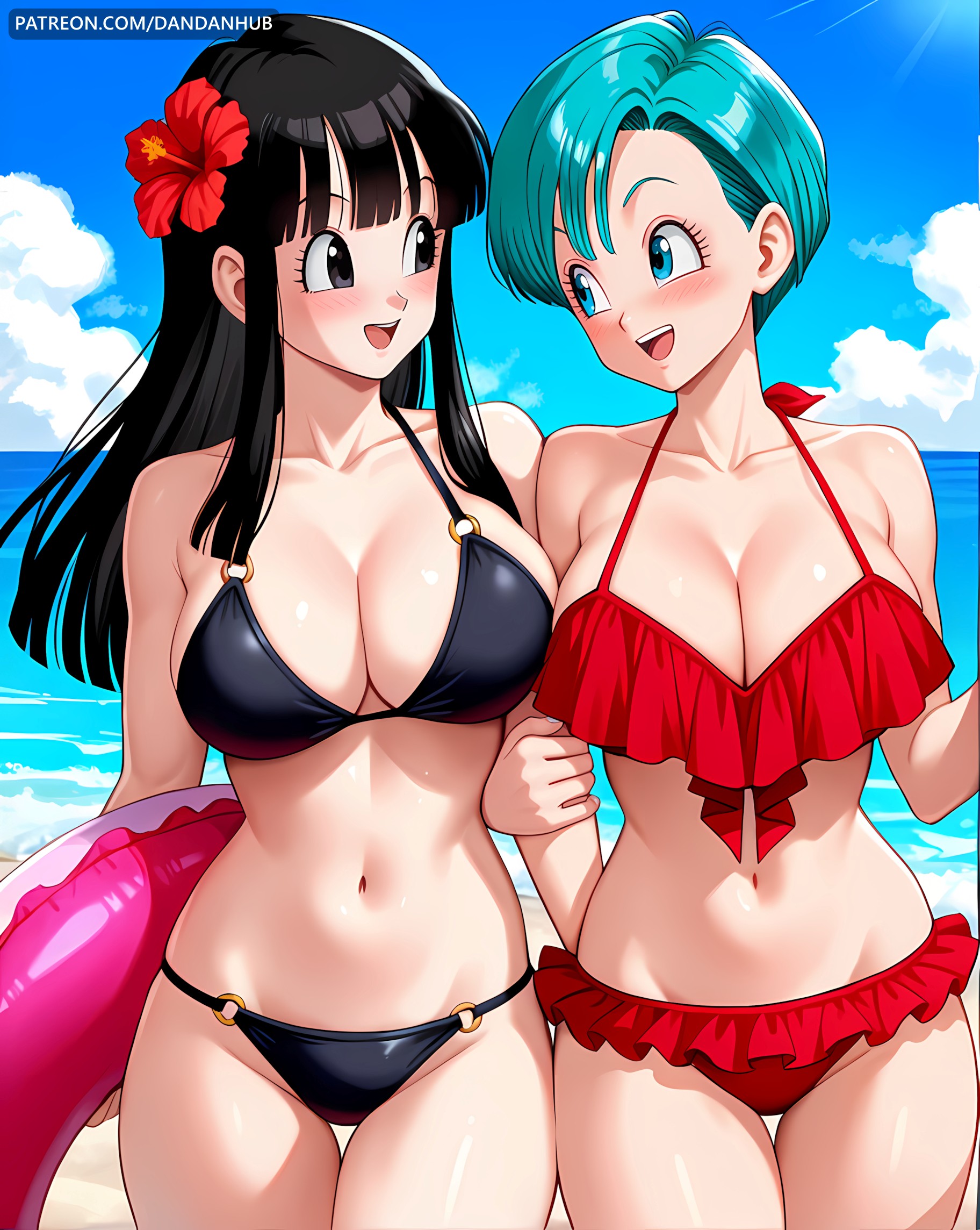 :d, 2girls, ai generated, aqua hair, bangs, beach, bikini, black bikini, black eyes, black hair, blue eyes, blue hair, blue sky, blush, breasts, bulma briefs, chichi, cleavage, cloud, collarbone, dandanhub, day, eye contact, female, female only, flower, frilled bikini, frills, hair flower, hair ornament, hibiscus, holding, holding another's arm, holding innertube, innertube, large breasts, long hair, looking at another, multiple girls, navel, o-ring, o-ring bikini, ocean, open mouth, outdoors, red bikini, short hair, sky, smile, swimsuit, thigh gap, upper teeth only, water