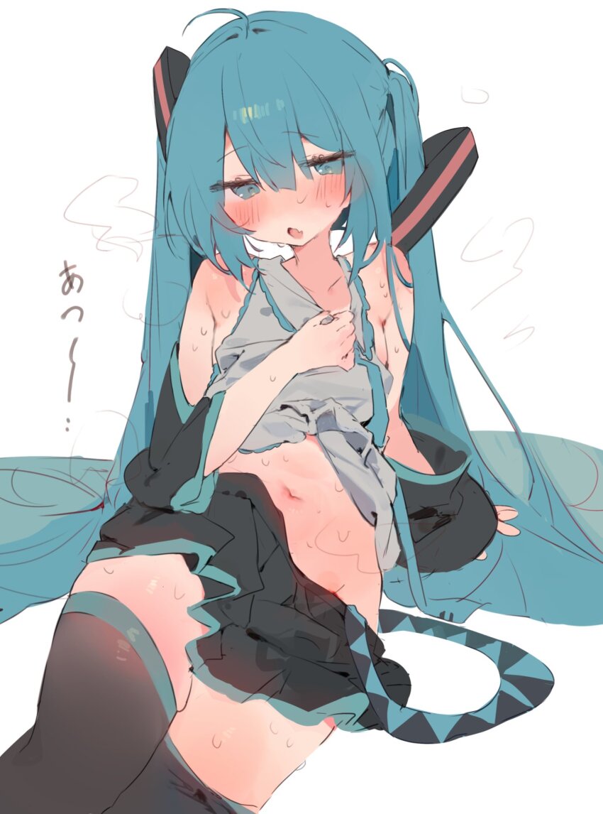 1girl, ahoge, aqua eyes, aqua hair, arm support, bare shoulders, black skirt, black thighhighs, blush, bunchi, clothes lift, commentary request, detached sleeves, female, grey shirt, hair between eyes, hair ornament, hatsune miku, heart, highres, long hair, looking at viewer, navel, necktie, open mouth, pleated skirt, shirt, simple background, sitting, skirt, sleeveless, solo, steaming body, sweat, thighhighs, twintails, very long hair, vocaloid, white background