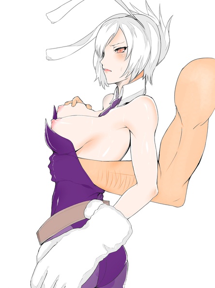 2015, battle bunny riven, blush, breast grab, breasts, bunny ears, bunnysuit, female, kumiko (aleron), league of legends, nipples, no bra, pantyhose, riven, sideboob, solo focus, the grind series