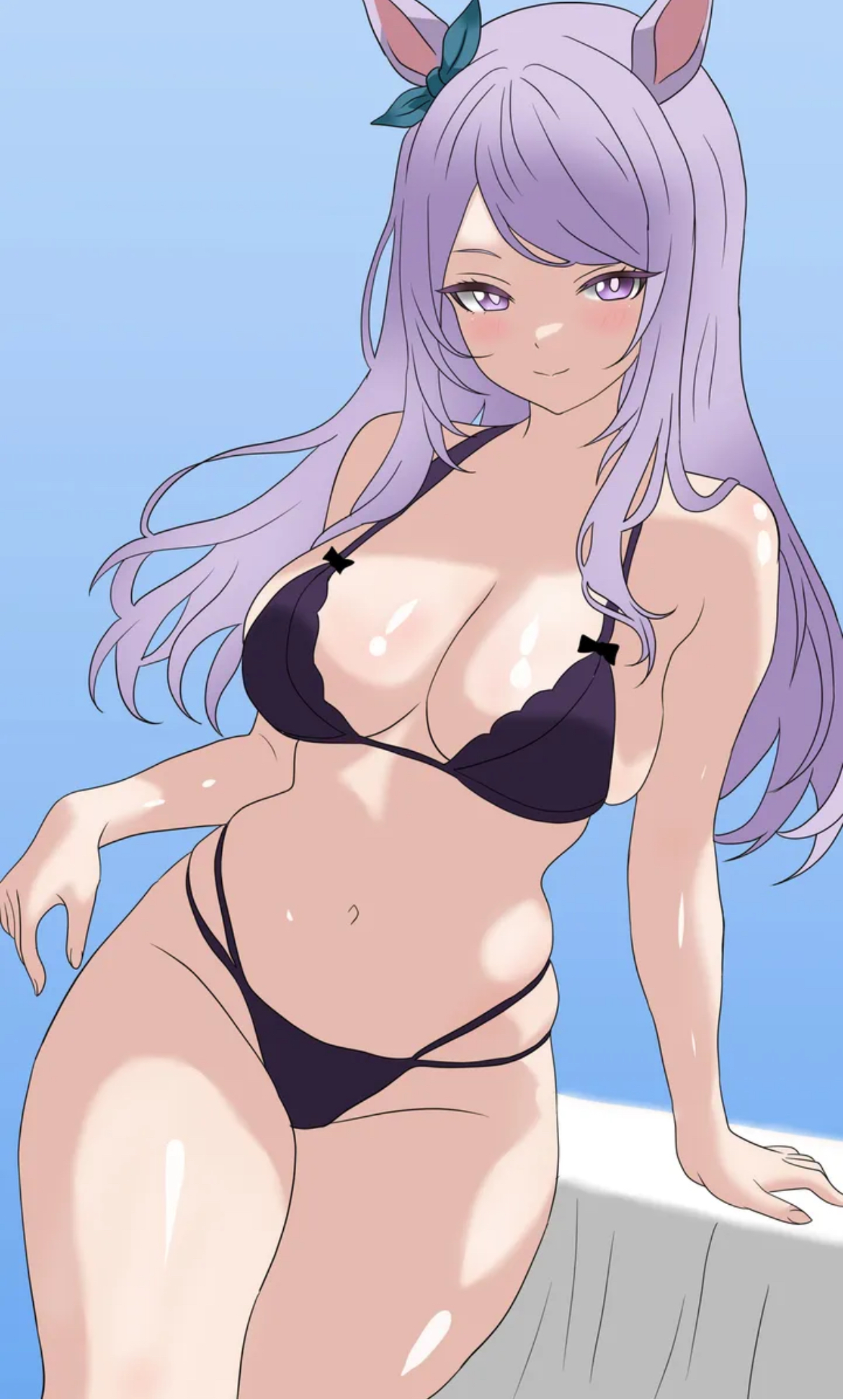 big breasts, big thighs, bikini, bikini only, black bikini, blush, breasts focus, cleavage, cleavage overflow, curves, curvy, curvy female, curvy figure, cute, cute face, cute female, female, female only, hips, horse, horse ears, horse girl, long hair, looking at viewer, mejiro mcqueen (umamusume), pale skin, pale-skinned female, plump breasts, purple eyes, purple hair, round breasts, seductive, seductive look, sexy, sexy body, sexy female, sexy pose, small waist, soft breasts, solo, solo female, staring at viewer, thick legs, thick thighs, thighs, tiny waist, umamusume, umamusume pretty derby, v line, waist, wide hips, wide thighs