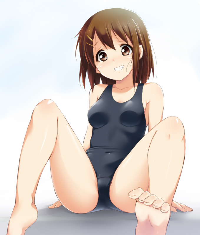 barefoot, brown eyes, brown hair, feet, female, female focus, foot focus, grin, k-on!, kaiga, long legs, one-piece swimsuit, pov, school swimsuit, short hair, smile, soles, solo, spread legs, swimsuit, toes, yui hirasawa (k-on!)