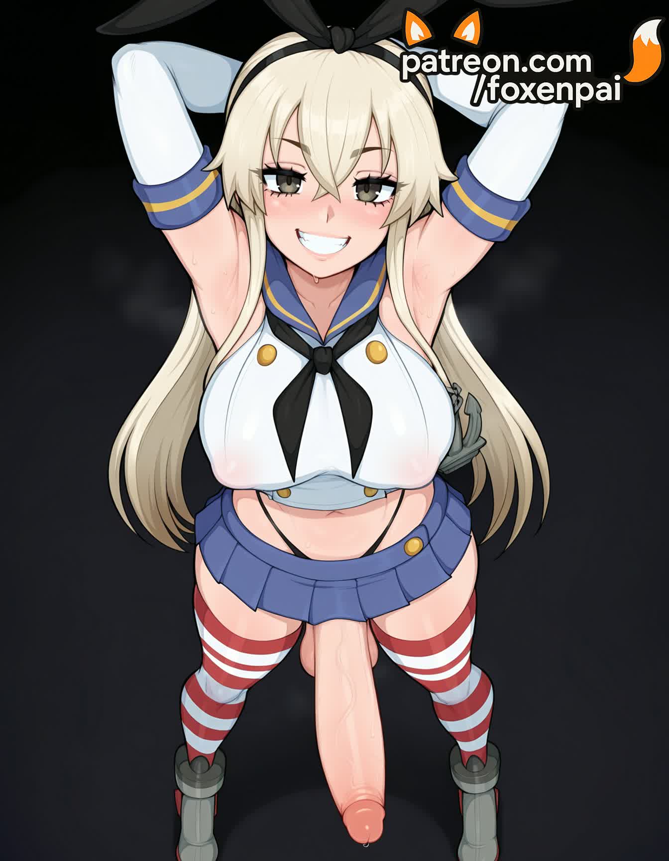 1futa, 2025, ai generated, anchor hair ornament, artist name, black hairband, black neckerchief, black panties, blonde hair, blue skirt, cock, cosplay, crop top, crossover, dick, elbow gloves, erection, foxenpai, futanari, genderswap (ftm), gloves, hair ornament, hairband, hi res, high quality, high resolution, highleg, highleg panties, highres, kantai collection, large penis, long hair, microskirt, miniskirt, panties, patreon, patreon username, penis, precum, sailor collar, shimakaze (kancolle) (cosplay), shimakaze (kantai collection), single horizontal stripe, skirt, smile, solo, stable diffusion, striped, striped legwear, testicles, thighhighs, thong, uncensored, underwear, veiny penis, watermark, white gloves