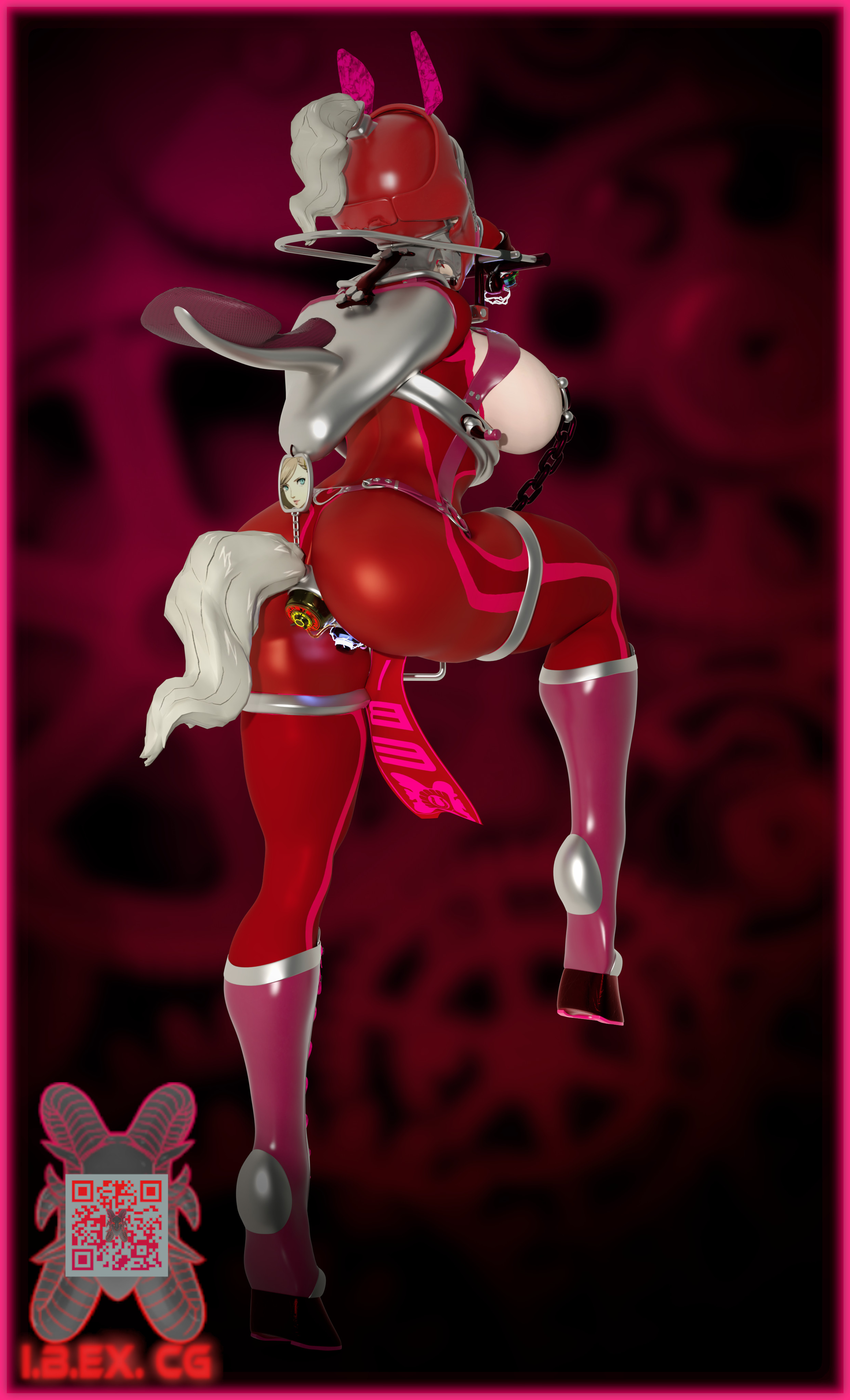 3d, 3d (artwork), amputee, ann takamaki, annoyed expression, atlus, back view, blonde hair, body modification, bondage, brainwashed, brainwashing, bridle, bridlebitch (ibex), high heels, hypnosis, ibex (company), ibex-cg, mind break, mind broken, mind control, modification, mutilation, persona, persona 5, persona 5 royal, ponygirl, slave, transformation