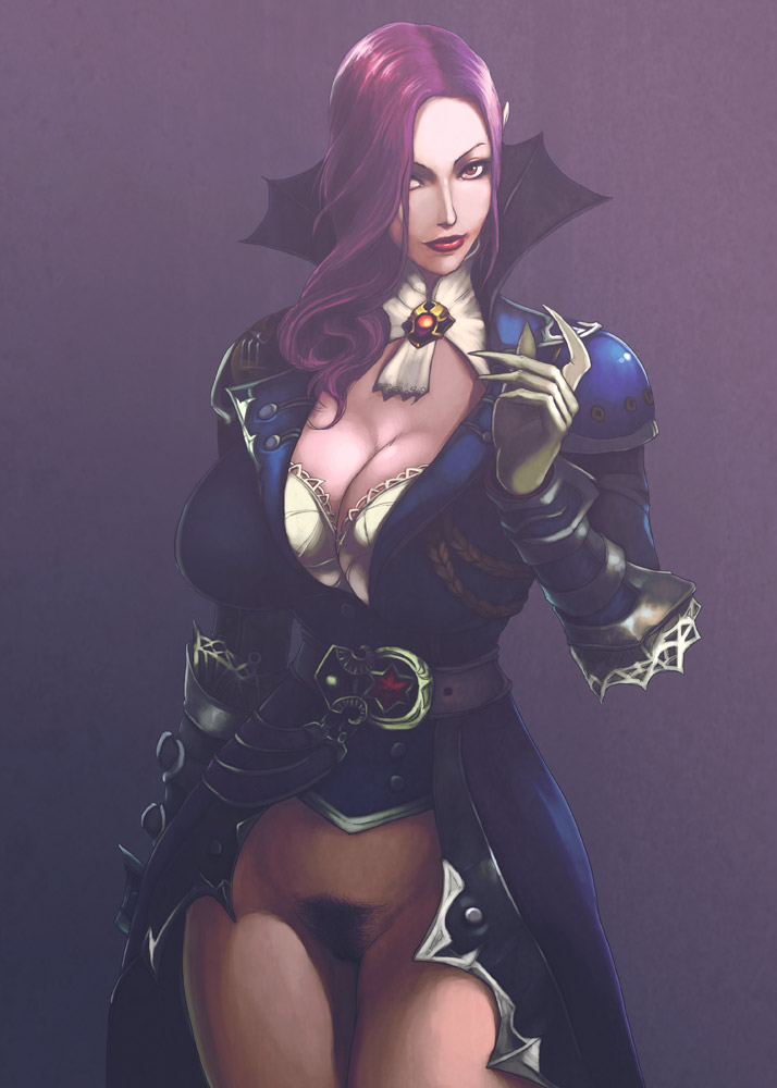 1girls, armor, blackchain (rennes), bottomless, breasts, busty, cleavage, curvy, female, forsaken world, gauntlets, hair over one eye, huge breasts, pubic hair, purple hair, pussy, thick, thighs, vampire, voluptuous