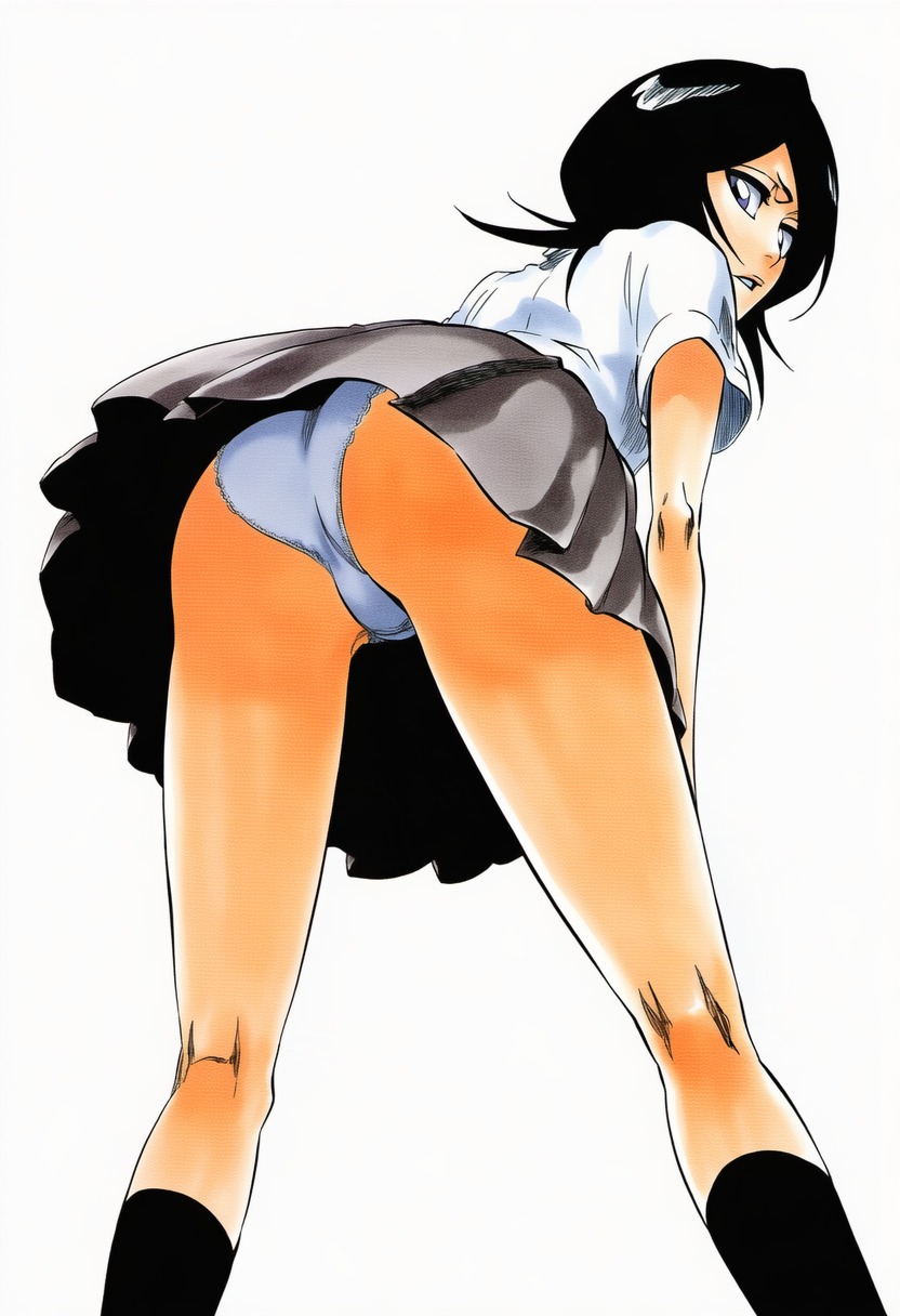 1girls, accurate art style, accurate body type, ai generated, annoyed, arms at sides, ass, ass focus, back view, bent over, black hair, black legwear, black socks, bleach, bob cut, butt, cel shading, clothing, feet out of frame, female, female focus, female only, foreshortening, frilled panties, from behind, from below, glossy, grey skirt, hair between eyes, hair flaps, high resolution, highres, kneehighs, kneepits, kuchiki rukia, large filesize, leaning forward, legs apart, light skin, light-skinned female, line art, long legs, looking at viewer, looking back, looking over shoulder, low-angle view, manga style, miniskirt, narrowed eyes, panties, pantsu, pantyshot, parted lips, petite, pleated skirt, purple eyes, school uniform, scowl, serious, shiny hair, shiny skin, shirt, short hair, short sleeves, simple background, skirt, small ass, socks, solo, solo female, solo focus, standing, thigh gap, thighs, tite kubo style, underwear, upskirt, viewed from behind, viewed from below, warm colors, warm lighting, white background, white panties, white shirt, worm's-eye view, ㅇㅇ