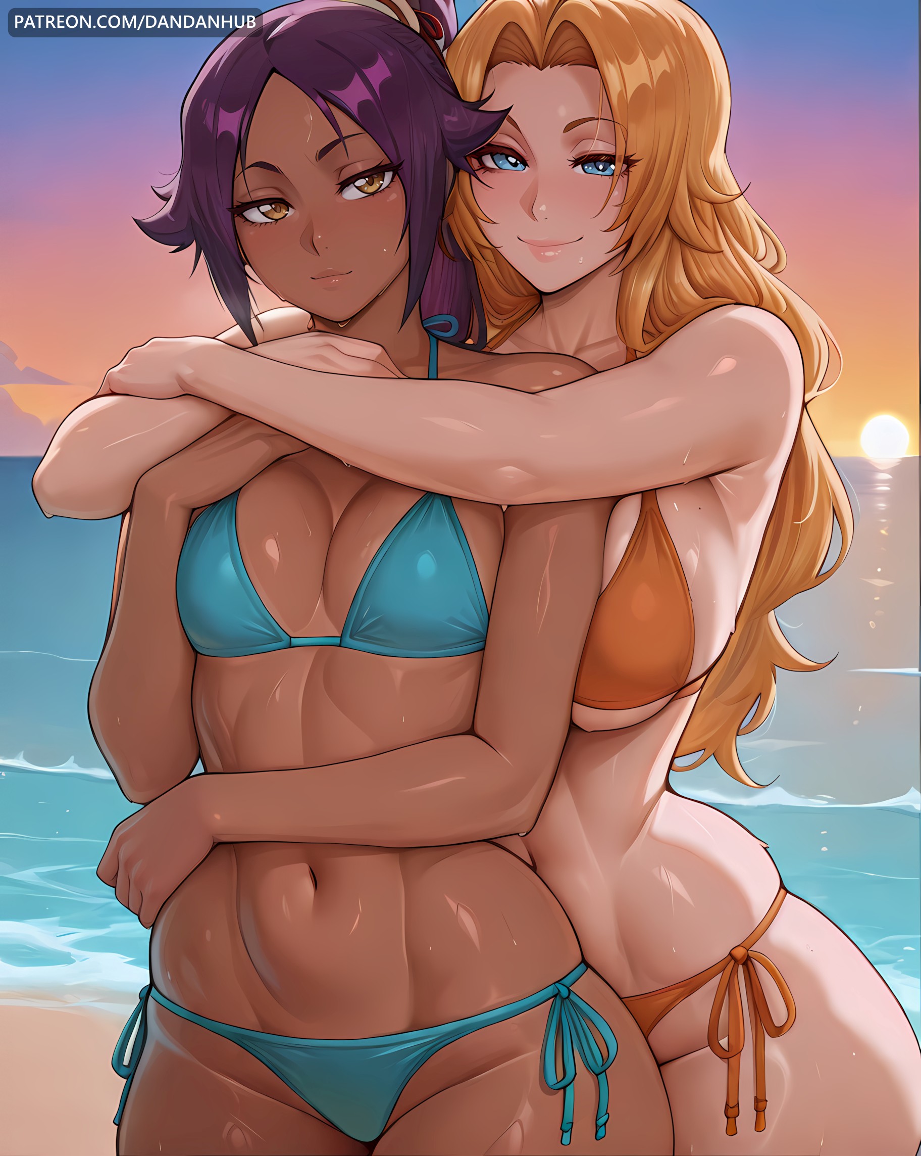 2girls, ai generated, beach, big breasts, bikini, bleach, bleach: the thousand-year blood war, blonde hair, blue bikini, blue eyes, blush, breasts, dandanhub, dark skin, dark-skinned female, duo, female, female only, hug, hug from behind, large breasts, light-skinned female, long hair, looking at viewer, matsumoto rangiku, medium breasts, mole, multiple girls, navel, ocean, orange bikini, orange hair, outdoors, parted bangs, patreon username, ponytail, purple hair, shihouin yoruichi, side-tie bikini bottom, sky, smile, sunset, swimsuit, water, wet, yellow eyes, yuri