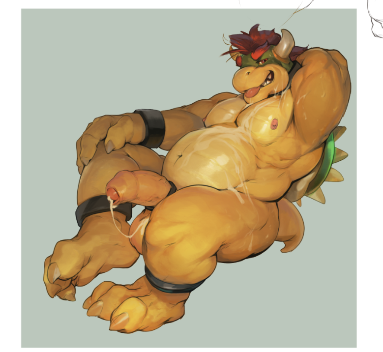 1boy 2015 after_sex anthro armlet balls ballsack bara beefy biceps big_muscles big_penis bowser bracelet claws cock_ring collar cum cum_drip cum_in_foreskin cum_on_balls cum_on_chest cum_on_face cum_on_penis darkgem dripping erection eyebrows foreskin green_head green_skin horns humanoid_penis intact jewelry koopa lizard looking_at_viewer loose_foreskin male male_nipples male_only mario_(series) masculine mature_male musclegut muscles muscular_male navel nintendo nude_male ochre_skin open_mouth partially_retracted_foreskin pecs penis red_eyes red_hair reptile scalie scrotum shell simple_background sitting smile solo spiked_armlet spiked_bracelet spiked_collar spikes tail teeth testicles tongue tongue_out turtle uncut vein veiny_penis video_games