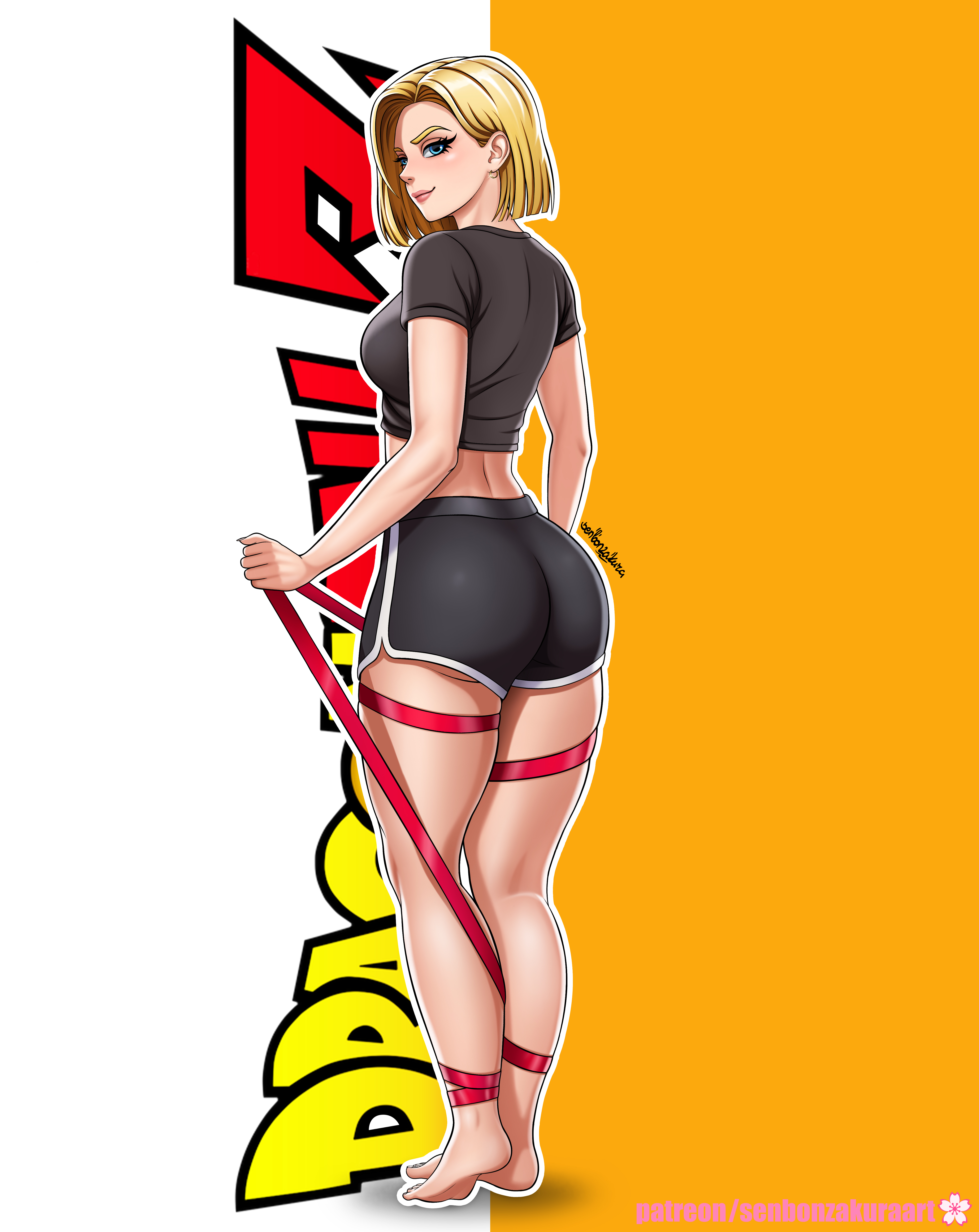 1girls, alluring, android, android 18, ass, ass focus, back, back view, background thighs thighs, bare legs, barefoot, big ass, big butt, big thighs, blonde female, blonde hair, blonde-haired female, butt focus, calves, dragon ball, dragon ball super, dragon ball z, enticing, exercise, feet, female, female focus, female only, foot fetish, foot focus, girl solo, human, legs, light skin, light-skinned female, lips, lipstick, looking at viewer, looking back, only girl, only woman, pale skin, pale-skinned female, posing, posing for the viewer, posing for viewer, rope, ropes, senbonzakuraart, shirt, short hair, short shorts, shorts, smile, smiling, smiling at viewer, solo, solo female, solo focus, solo girl, solo woman, sport, sportswear, standing, temptation, tempting, tempting viewer, thick hips, thick legs, thick thighs, thighhighs, thighs, voluptuous, voluptuous female, wide hips, woman only, woman solo