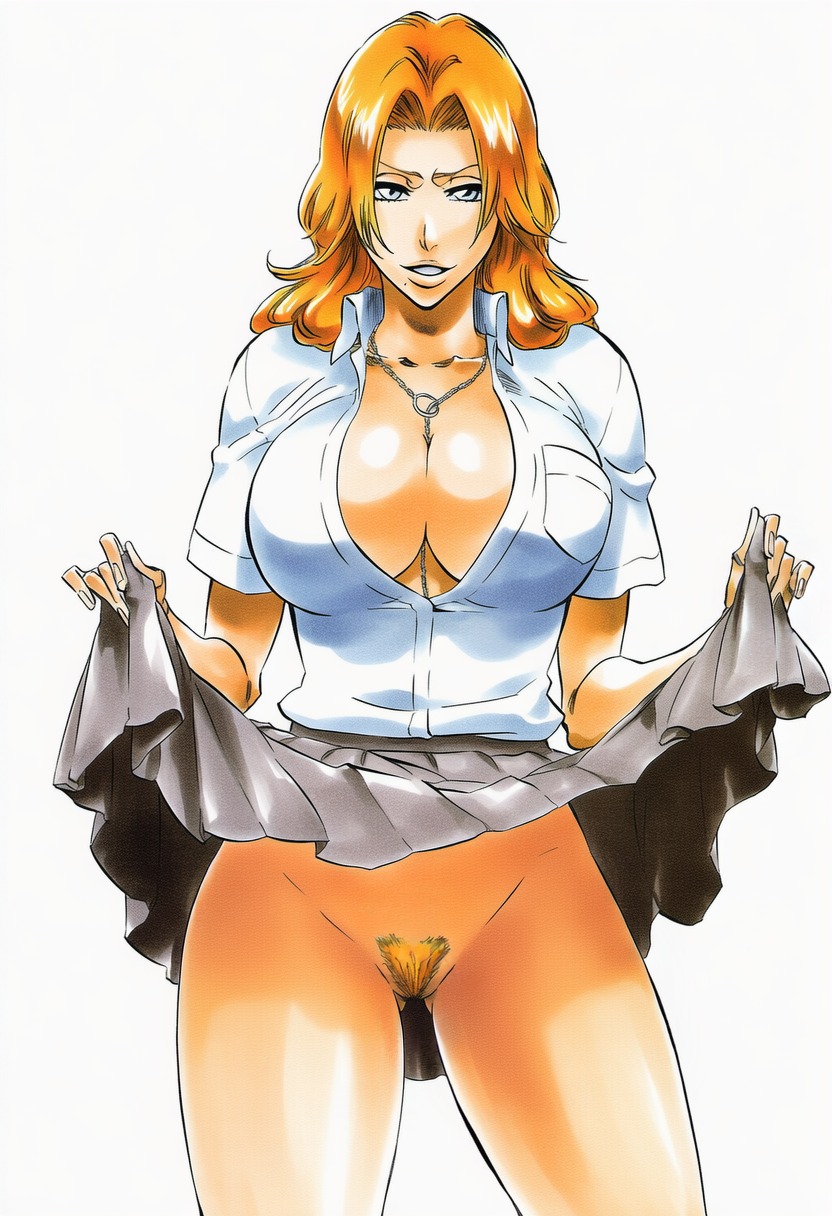 1girls, accurate art style, accurate body type, ai generated, ass visible through thighs, between breast, big breasts, bleach, blue eyes, bottomless, breasts, busty, cleavage, clothes lift, clothing, collarbone, collared shirt, colored pubic hair, cowboy shot, digital media (artwork), exhibitionism, fanart, female, female focus, female only, female pubic hair, flashing, flashing pussy, grey skirt, high resolution, highres, jewelry, large breasts, lifted by self, lifting skirt, long hair, looking at viewer, manga style, matsumoto rangiku, miniskirt, mole, mole under mouth, necklace, no bra, no panties, open clothes, open shirt, orange hair, orange pubic hair, parted lips, pleated skirt, pocket, presenting, presenting pussy, pubic hair, school uniform, shiny hair, shiny skin, simple background, skirt, skirt lift, smile, solo, solo female, solo focus, standing, teasing, thigh gap, thighs, tite kubo style, unbuttoned, unbuttoned shirt, uniform, voluptuous, voluptuous female, wavy hair, white background, white shirt, wide hips, ㅇㅇ