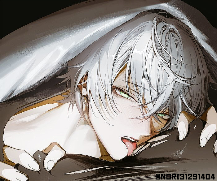 big breasts, big pecs, duvet, gay, green eyes, grey hair, groping, groping breasts, hoyoverse, licking breast, lighter (zenless zone zero), male pov, nipples, nipples visible through clothing, nori31291404, under the covers, wise (zenless zone zero), yaoi, zenless zone zero