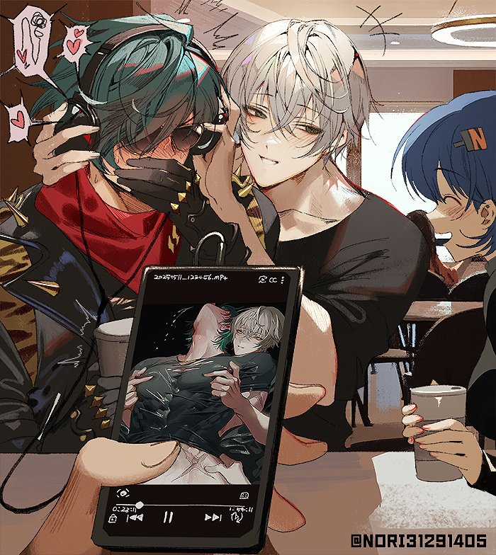 belle (zenless zone zero), blue hair, blush, blushing profusely, cafe, coffee, gay, gloves, green hair, grey hair, headphones, hoyoverse, leather jacket, lighter (zenless zone zero), listening to sex, nori31291404, photo on phone, red scarf, scarf, sunglasses, sweating, wise (zenless zone zero), yaoi, zenless zone zero