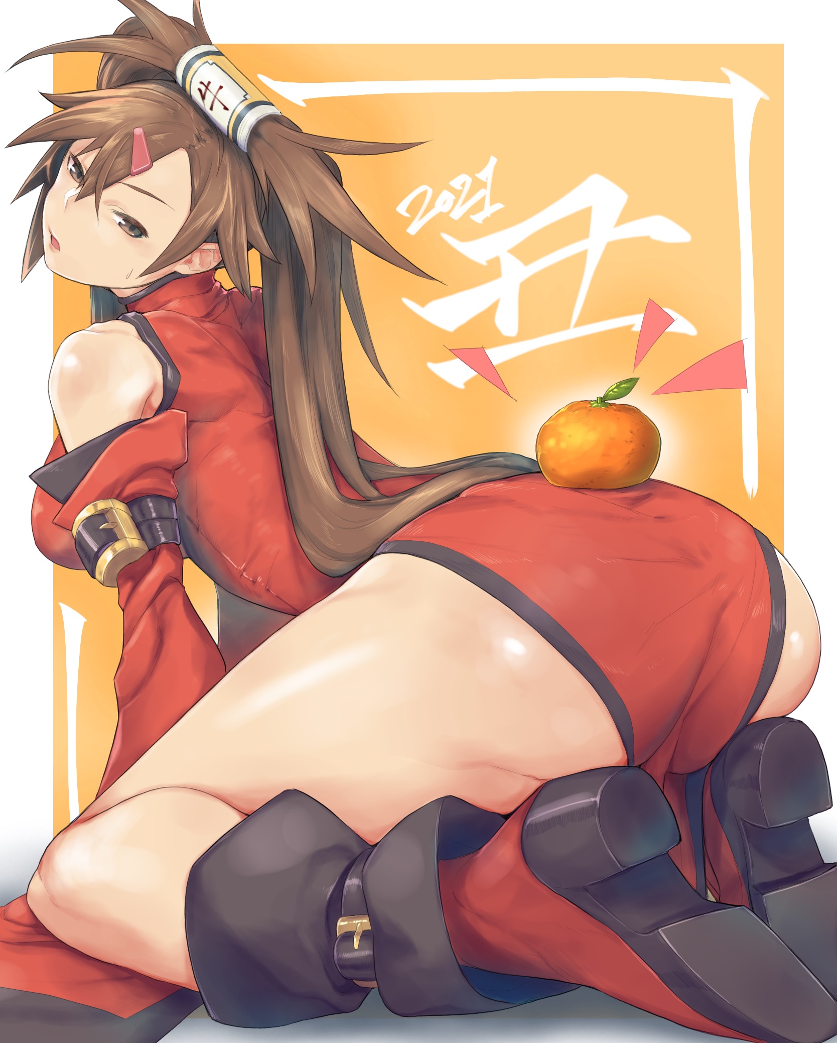1girls, ass, ass focus, big ass, breasts, brown eyes, brown hair, chinese clothes, chinese female, dress, female, female only, guilty gear, guilty gear xrd, illust kuma, kuradoberi jam, legs, long hair, object on ass, red dress, twintails