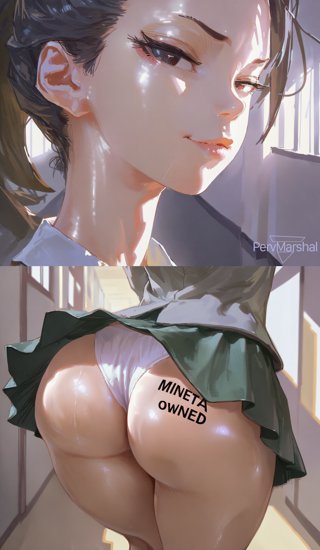 1girls, 2koma, ai generated, big ass, boku no hero academia, classroom, female, female only, huge breasts, indoors, marshalperv, momo yaoyorozu, my hero academia, pervmarshal, school uniform, shiny skin, smirk, tattoo, thick thighs, white panties, writing on ass, writing on body, writing on butt