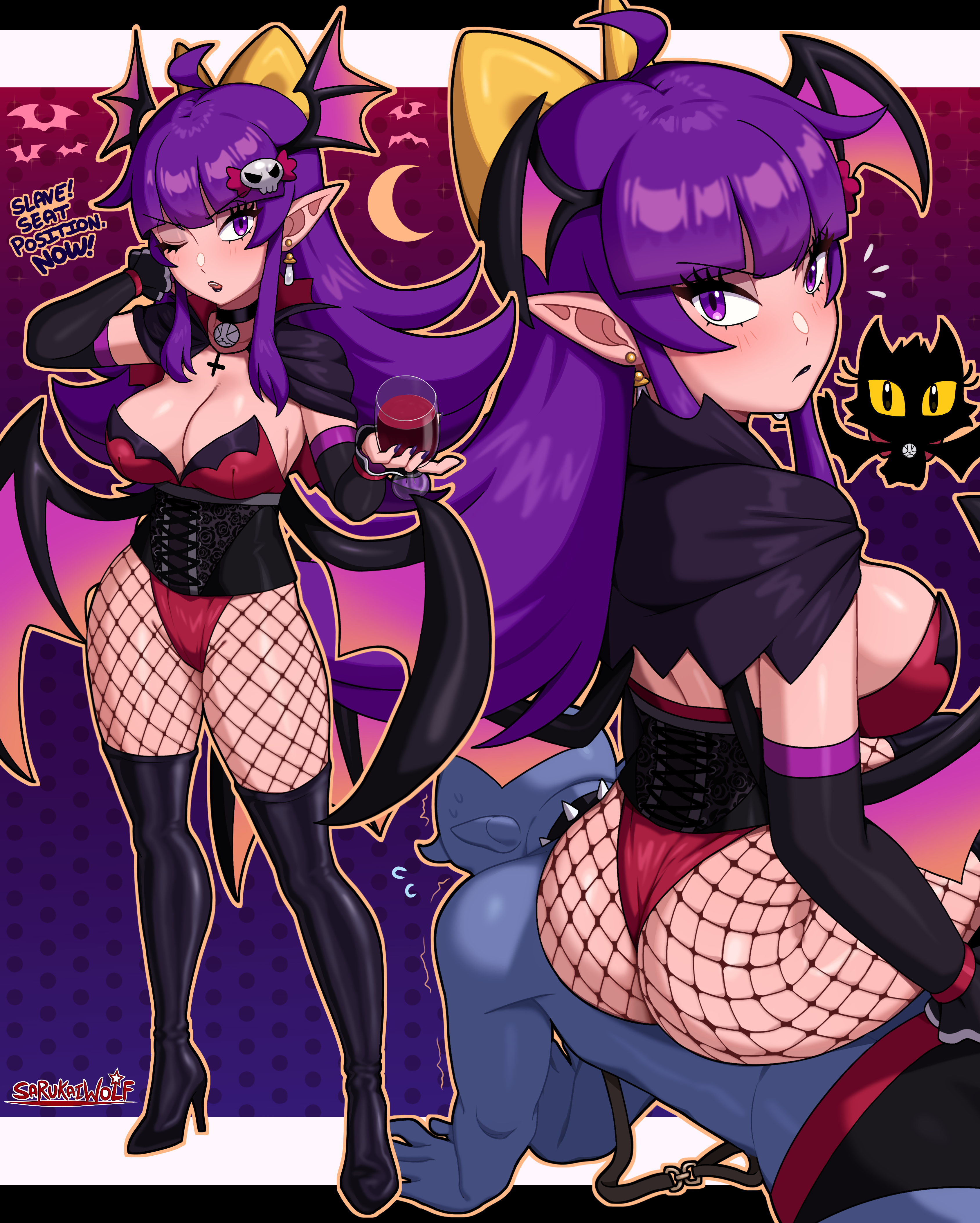 1boy, 1girls, absurdres, ahoge, all fours, ass, bat (animal), bat wings, black boots, black capelet, black sleeves, boots, bow, breasts, capelet, colored skin, detached sleeves, earrings, english text, female, femdom, grey skin, hair ornament, hairbow, head wings, high heel boots, high heels, highres, jewelry, large breasts, leotard, one eye closed, original, pointy ears, purple eyes, purple hair, red capelet, red leotard, sarukaiwolf, sidelocks, sitting, sitting on person, skull hair ornament, thigh boots, two-sided capelet, violentine (sarukaiwolf), wings, yellow bow