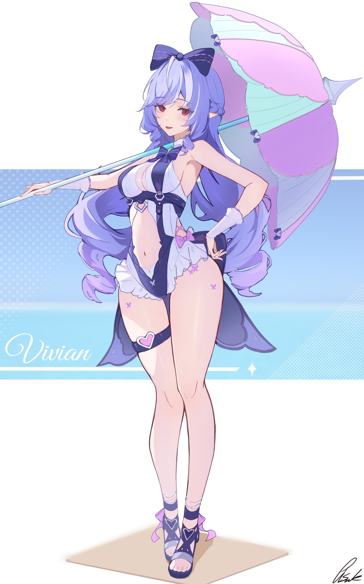 1girls, breasts, exposed breasts, female, hoyoverse, legs, long hair, mihoyo, official alternate costume, purple hair, red eyes, swimsuit, vivian banshee, vivian banshee (iris of the shore), white swimsuit, zenless zone zero