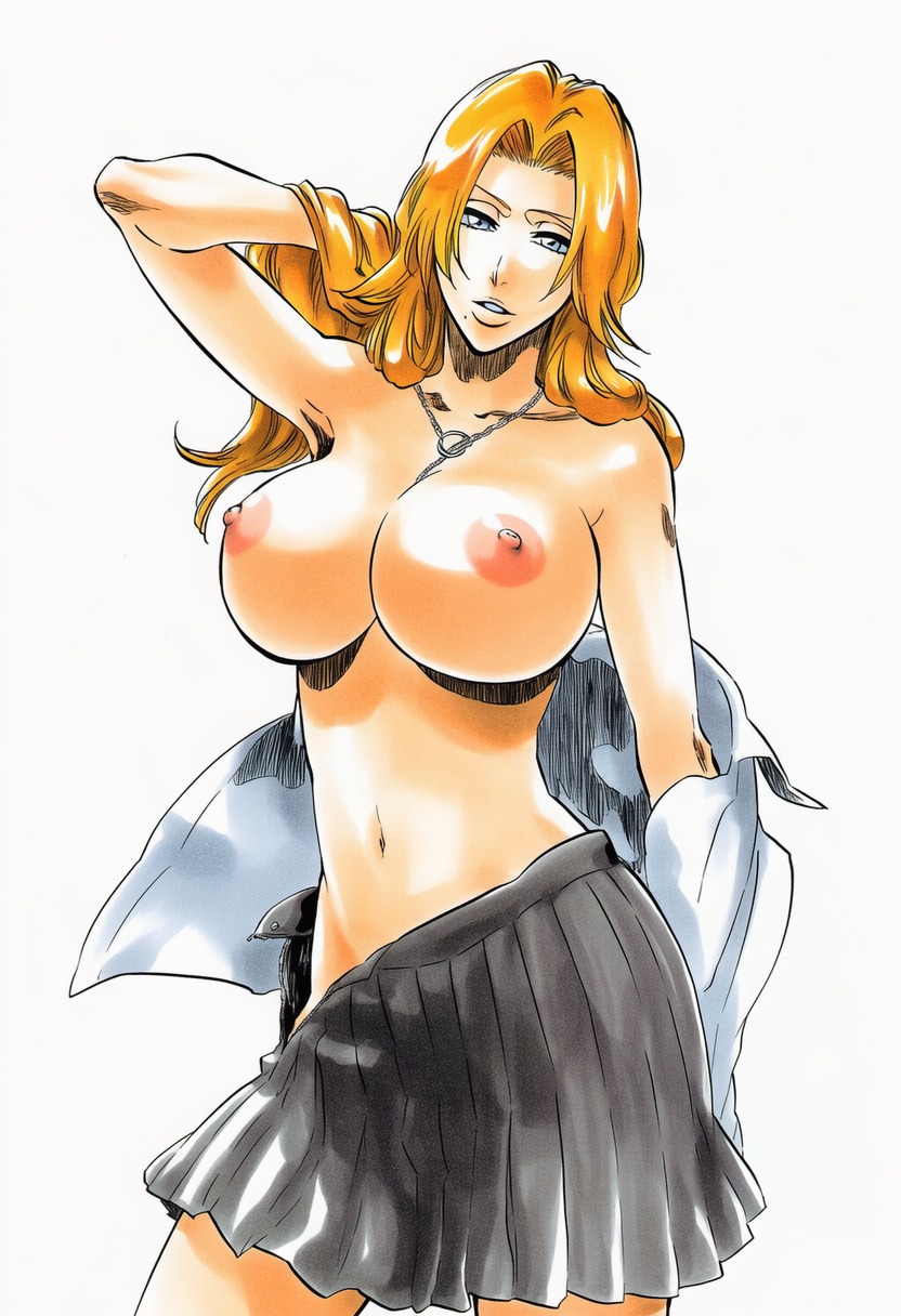 1girls, accurate art style, accurate body type, adjusting hair, ai generated, areola, areolae, arm up, armpits, bare breasts, belly button, between breasts, big breasts, bleach, blue eyes, breasts, busty, cleavage, clothing, collarbone, cowboy shot, curvaceous, curvy, female, female focus, female only, grey skirt, hand in own hair, high resolution, highres, jewelry, large breasts, large filesize, long hair, looking at viewer, manga style, matsumoto rangiku, mole, mole under mouth, navel, necklace, nipples, no bra, no panties, open clothes, open skirt, orange hair, parted lips, pink nipples, pleated skirt, posing, round breasts, school uniform, schoolgirl, shiny hair, shiny skin, shirt, simple background, skirt, solo, solo female, solo focus, standing, tite kubo style, topless, unbuttoned, unbuttoned shirt, undressing, uniform, unzipped, wavy hair, white background, white shirt, wide hips, ㅇㅇ