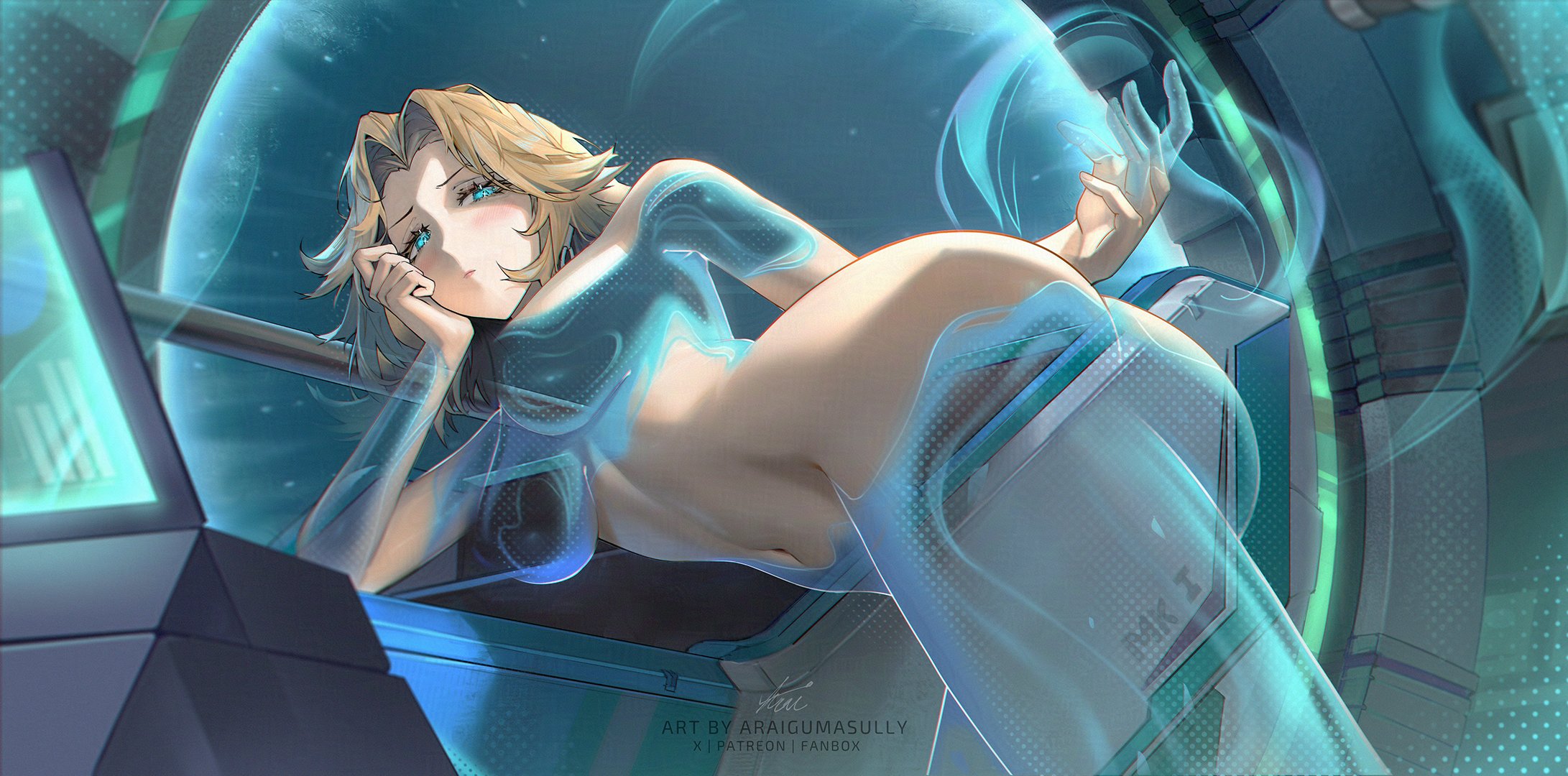 1girls, araigumasully, ass, blonde hair, blue eyes, blush, breasts, convenient censoring, fantastic four, female, female only, highres, invisible woman, invisible woman (marvel rivals), large breasts, long hair, looking at viewer, marvel, marvel rivals, navel, nude, partially invisible, solo, sue storm
