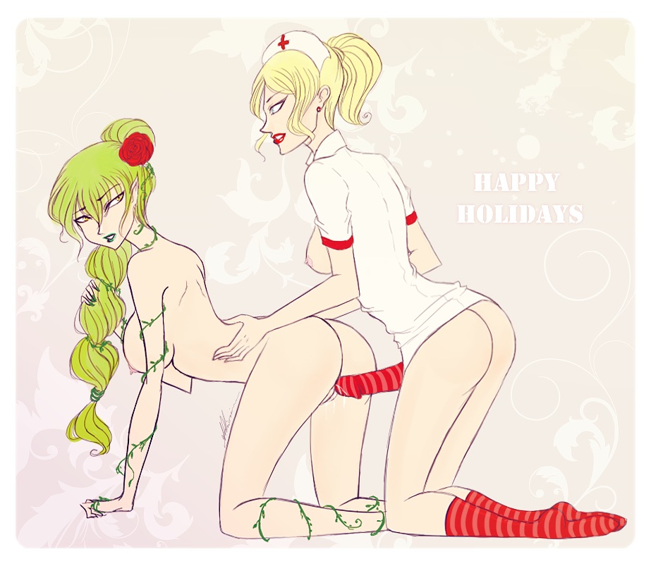 2girls all_fours blonde_hair blue_eyes braid breasts christmas condom dryad dryad_(terraria) green_hair half_dressed happy_holidays kneeling lipstick monster_girl multiple_girls nail_polish nude nurse nurse_(terraria) socks strap-on terraria vines yellow_eyes yuri