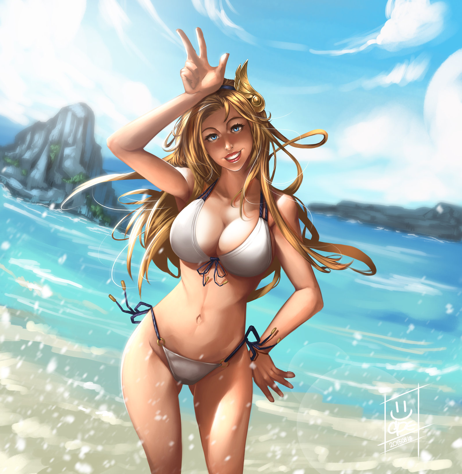 abs, beach, bikini, blonde hair, blue eyes, breasts, cleavage, clouds, curvy, desadoria, female, gesture, hairband, highres, hips, large breasts, league of legends, legs, long hair, luxanna crownguard, midriff, outdoors, sea, sky, smile, solo, standing, teeth, v