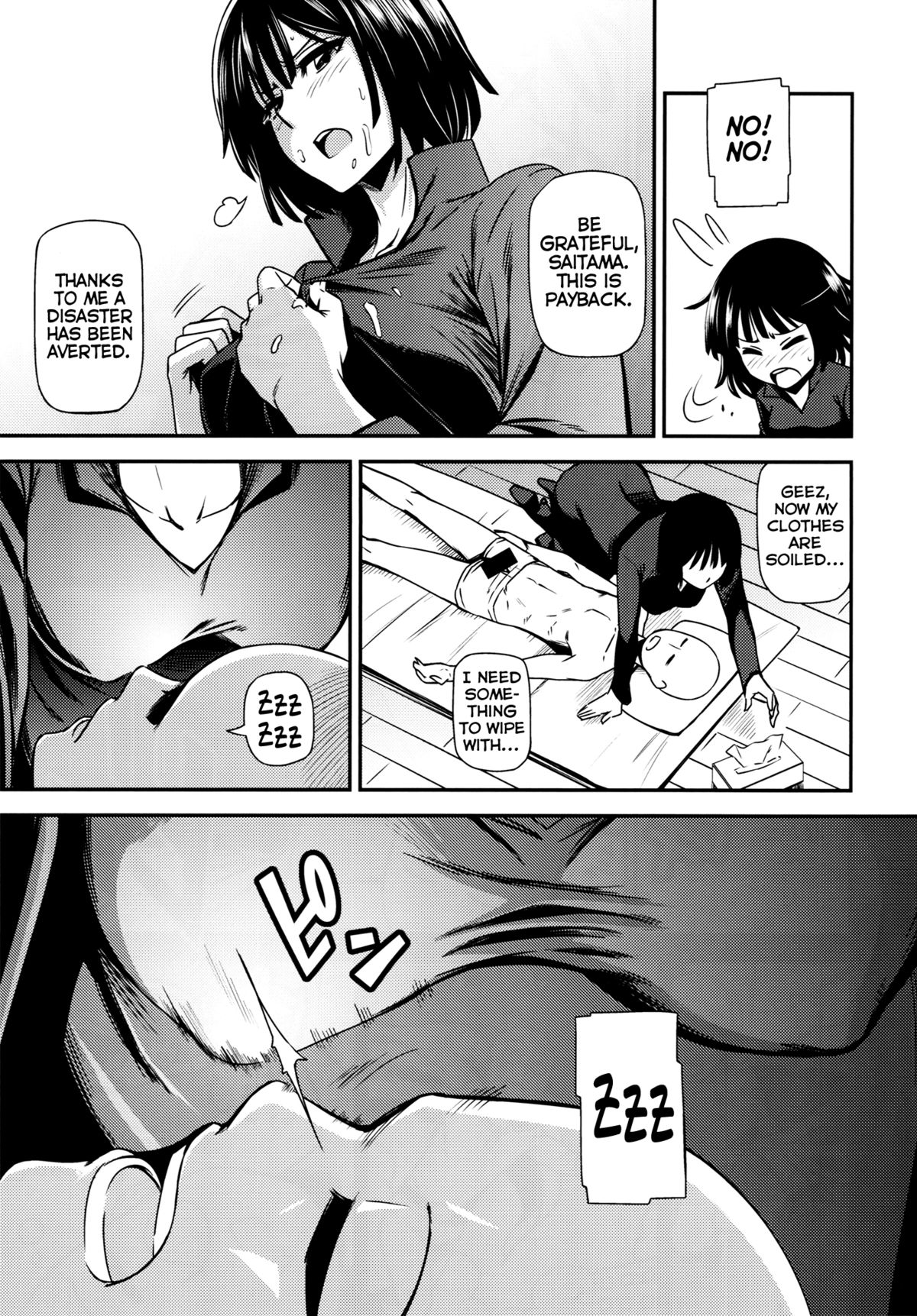 1boy, 1girls, bald, black hair, blush, censored, female, fubuki (one-punch man), kiyosumi hurricane, male, one-punch man, penis, saitama, short hair, sleeping, tagme