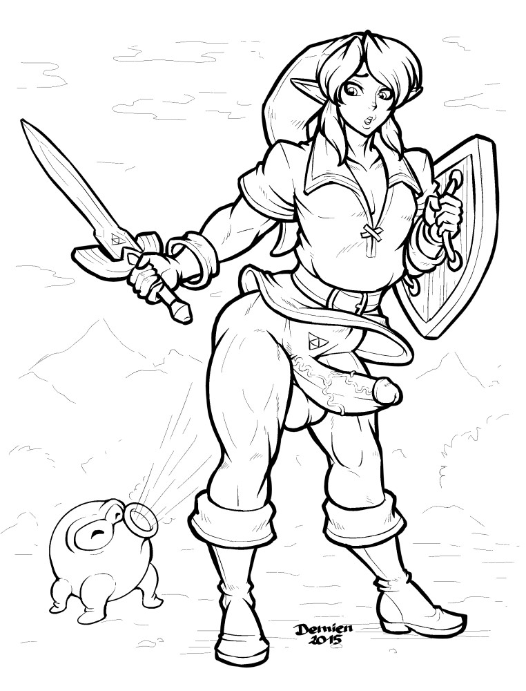 2015 alternate_version_available assisted_exposure balls bottomless clothed clothing demien erection femboy girly half-dressed hylian line_art link male male_bimbo male_only melee_weapon monochrome nintendo octorok penis shield sword the_legend_of_zelda video_games weapon