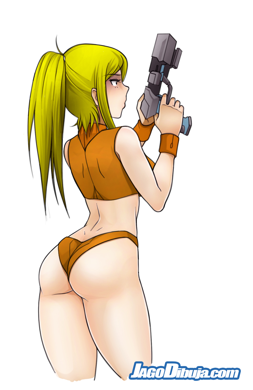 ass, back view, blonde hair, casual outfit (metroid), clothed, female, female only, gun, highres, human, jago dibuja, long hair, metroid, nintendo, ponytail, pose, samus aran, short shorts, shorts, simple background, solo, sports bra, standing, tied hair, weapon, wristband