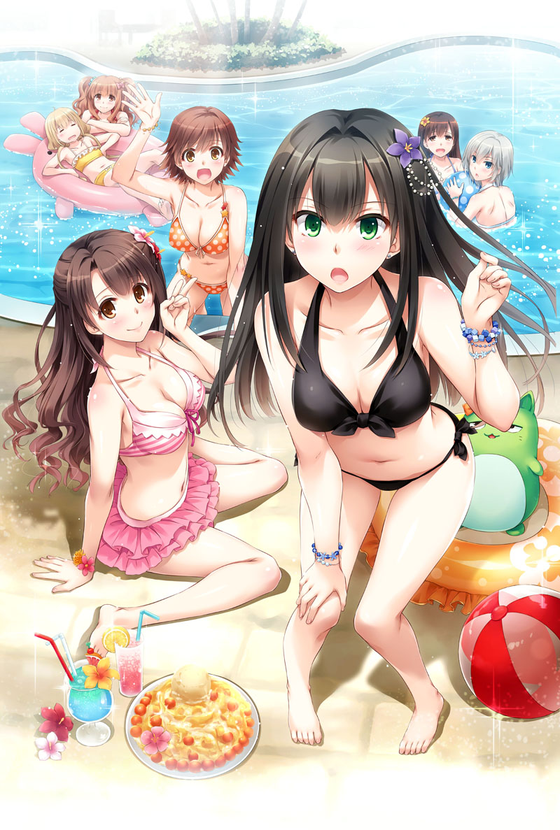 6+girls :d :o afloat anastasia_(idolmaster) arm_support ball bangs barefoot beach_ball bendy_straw bikini black_bikini black_hair blonde_hair blue_eyes blush bracelet breasts brown_eyes brown_hair chestnut_mouth cleavage closed_eyes cocktail collarbone crossed_arms drinking_glass drinking_straw flower food frilled_bikini frills front-tie_bikini front-tie_top fruit futaba_anzu green_eyes hair_flower hair_ornament halter_top halterneck hand_on_own_knee hibiscus honda_mio horizontal_stripes ice_cream idolmaster idolmaster_cinderella_girls innertube jewelry lemon lemon_slice long_hair looking_at_viewer looking_back looking_to_the_side lying moroboshi_kirari multiple_girls nakajima_yuka navel nitta_minami on_back open_mouth orange_bikini pigeon-toed pink_bikini plate polka_dot polka_dot_bikini polka_dot_swimsuit pool poolside pov pov_eye_contact scrunchie shibuya_rin shimamura_uzuki short_hair shoulder_blades side-tie_bikini side_ponytail silver_hair sitting smile sparkle standing striped striped_bikini striped_swimsuit stuffed_toy swimsuit tied_hair twintails v wariza waving wrist_flower yellow_bikini