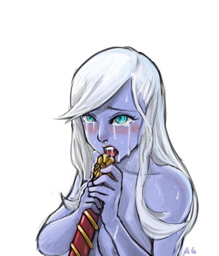 a6 blue_eyes blue_skin blush breasts cyan_eyes dota_2 drow_ranger female licking long_hair nipples open_mouth solo sweat tears white_hair