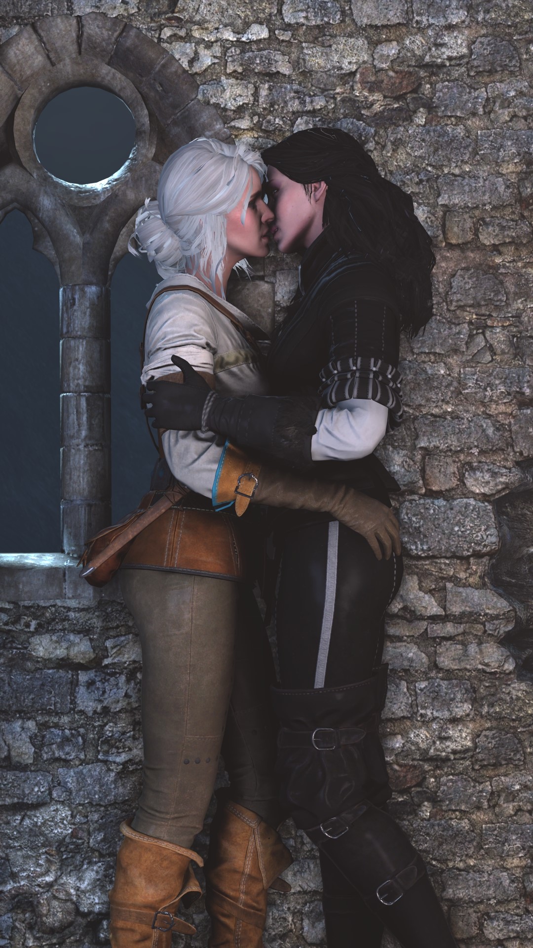 2girls, 3d, ass, black gloves, black hair, brown gloves, cd projekt red, ciri, female, female only, fully clothed, gloves, hand on arm, hand on ass, kissing, leather gloves, multiple females, multiple girls, romantic, shittyhorsey, the witcher (series), the witcher 3: wild hunt, white hair, yennefer, yuri