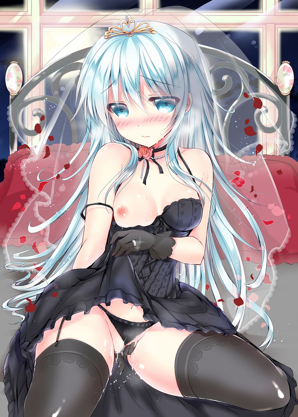 bed, black legwear, blue eyes, breasts, female, gloves, hibiki (kantai collection), kantai collection, lingerie, masturbation, nipples, off shoulder, one breast out, panties, panties aside, pussy, pussy juice, ring, rose petals, shira ichigo, solo, verniy (kantai collection), wedding ring, wedding veil, white hair