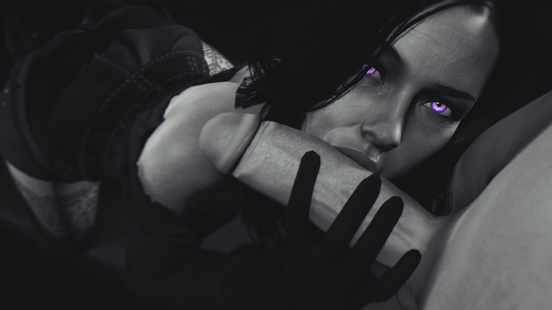 3d, black gloves, black hair, cd projekt red, fellatio, female, gloved handjob, gloves, hand on penis, holding penis, jaskier (the witcher), leeterr, light skin, light-skinned male, long hair, male, oral, penis, pov, purple eyes, source filmmaker, the witcher (series), the witcher 3: wild hunt, touching penis, yennefer