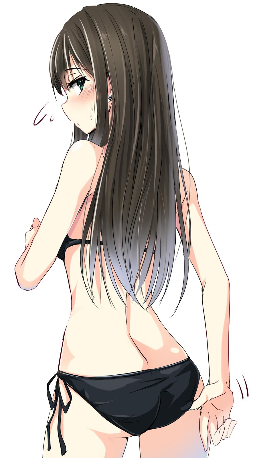 1girls, adjusting swimsuit, bikini, brown hair, female, from behind, green eyes, highres, idolmaster, idolmaster cinderella girls, long hair, looking back, natsu (anta tte hitoha), shibuya rin, solo, swimsuit