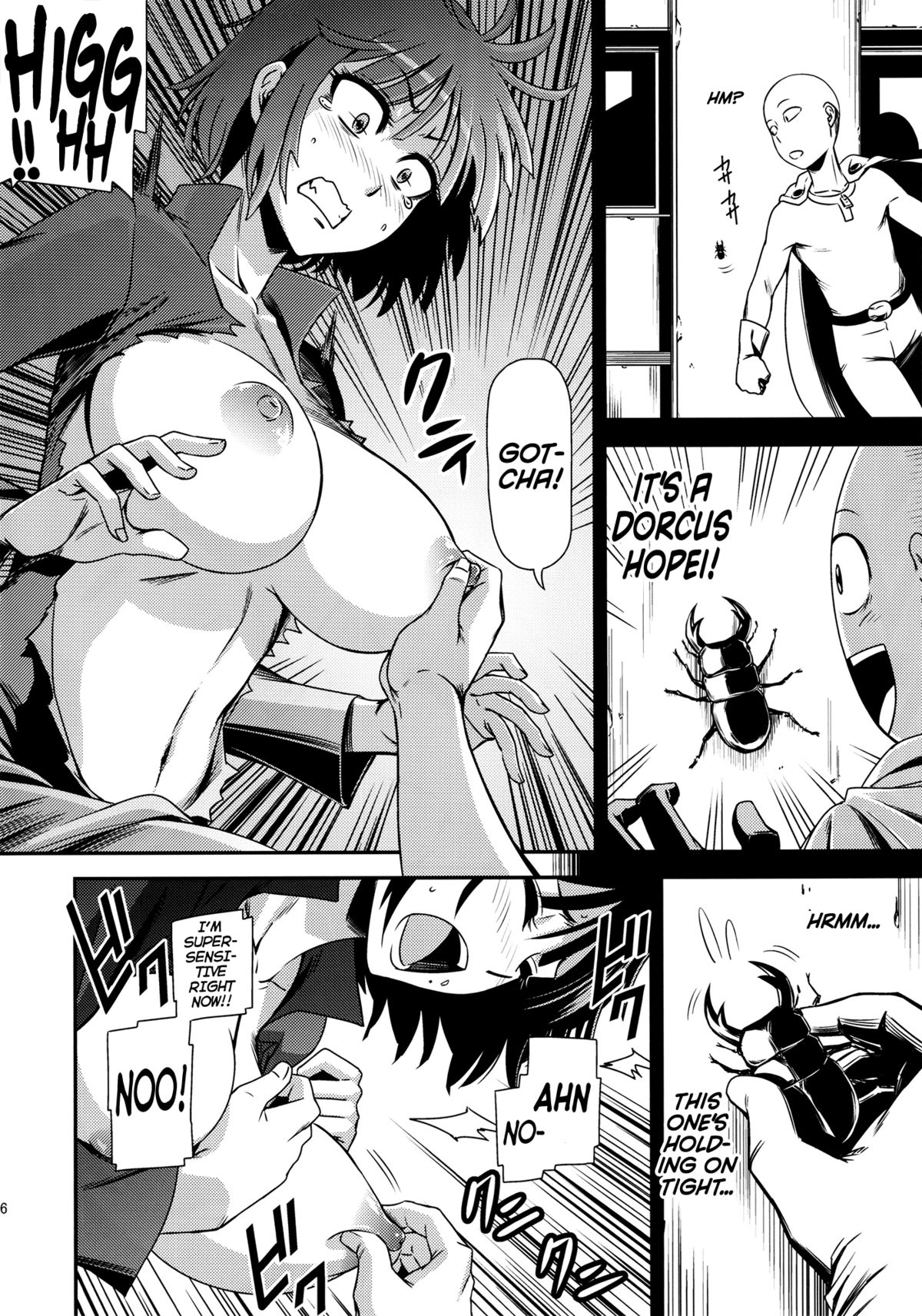 1boy, 1girls, bald, black hair, blush, breast grab, breasts, dreaming, female, fubuki (one-punch man), kiyosumi hurricane, large breasts, male, nipples, one-punch man, saitama, short hair, sleeping, tagme
