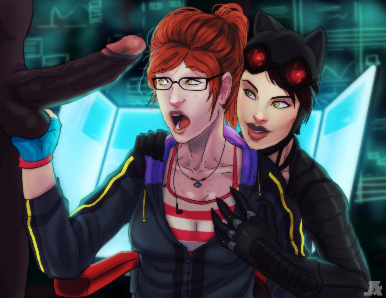 1boy, 2girls, andava, animal ears, barbara gordon, batgirl, batman (series), batman: arkham knight, bodysuit, brown hair, brown-haired female, cap, catwoman, dark skin, dark-skinned male, dc, dc comics, female, ffm threesome, fingerless gloves, glasses, gloves, green eyes, interracial, long hair, male, multiple females, multiple girls, open mouth, penis, ponytail, pumpkinsinclair, red hair, red-haired female, selina kyle, short hair, smile, teeth, threesome, tied hair, tongue, unseen male face, yellow eyes