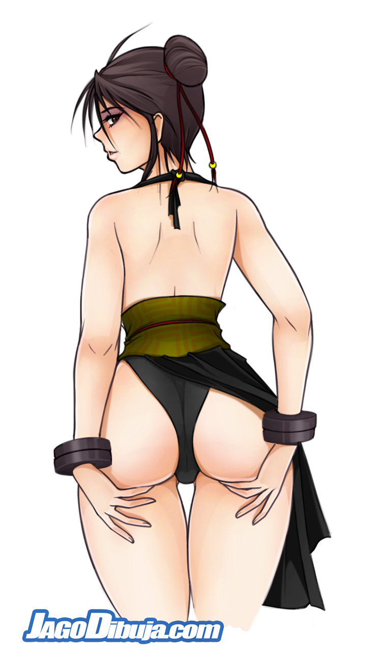 alternate costume, ass, back view, black panties, bracelet, breasts, brown eyes, brown hair, capcom, china dress, chinese clothes, chun-li, chun-li (battle ouffit sfiv), clothed, double bun, dress, dress aside, female, female only, hair bun, human, jago dibuja, looking at viewer, looking back, panties, presenting, sash, simple background, solo, standing, street fighter, street fighter iv, thigh gap, video games