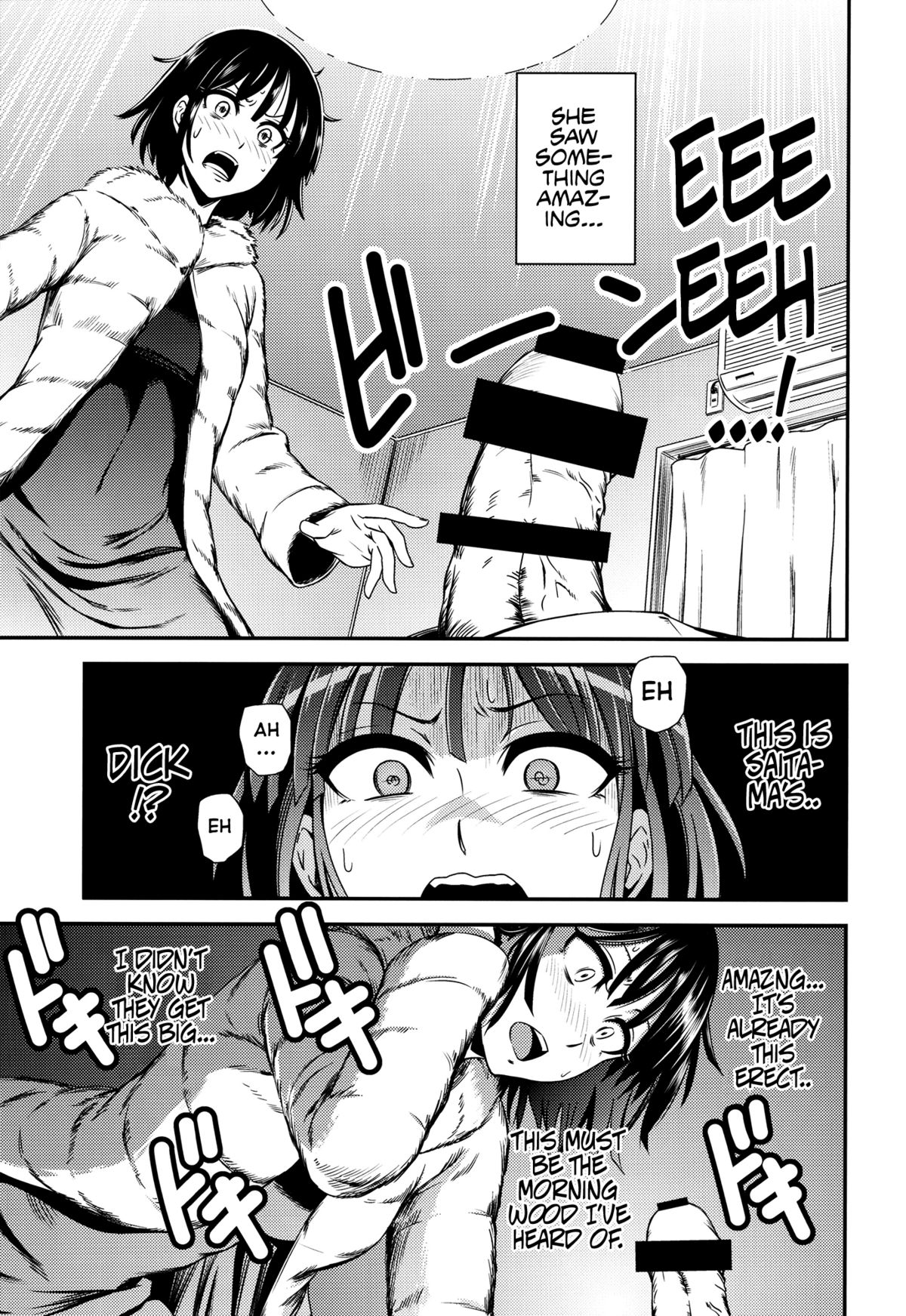 1boy, 1girls, black hair, blush, censored, comic, english text, female, fubuki (one-punch man), kiyosumi hurricane, male, one-punch man, penis, penis awe, saitama, short hair, sleeping, tagme