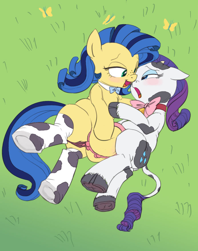 2015 animal_genitalia big_breasts big_crotchboobs blue_eyes blush bovine breasts clothing cow cowbell crotchboobs cutie_mark duo equine eyeshadow fan_character female friendship_is_magic furry furry_only green_eyes hair hooves horn horse legwear long_hair makeup mammal milky_way_(mlp) milky_way_(oc) my_little_pony non-anthro open_mouth pony purple_hair pussy raricow rarity_(mlp) siansaar smile socks teats tongue udders yuri