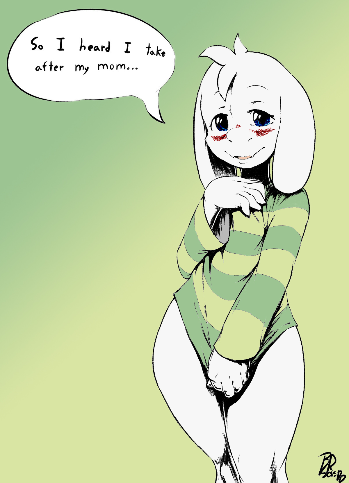 1boy, 2015, 2d, anthro, anthro male, anthro only, asriel dreemurr, blush, bottomless, byondrage, caprine, clothed, clothing, colored, cute, dialogue, edit, english text, furry, furry male, furry only, goat, hi res, humanoid, humanoid male, humanoid only, male, male only, mammal, mammal humanoid, solo, speech bubble, text, undertale, undertale (series), video games, wide hips