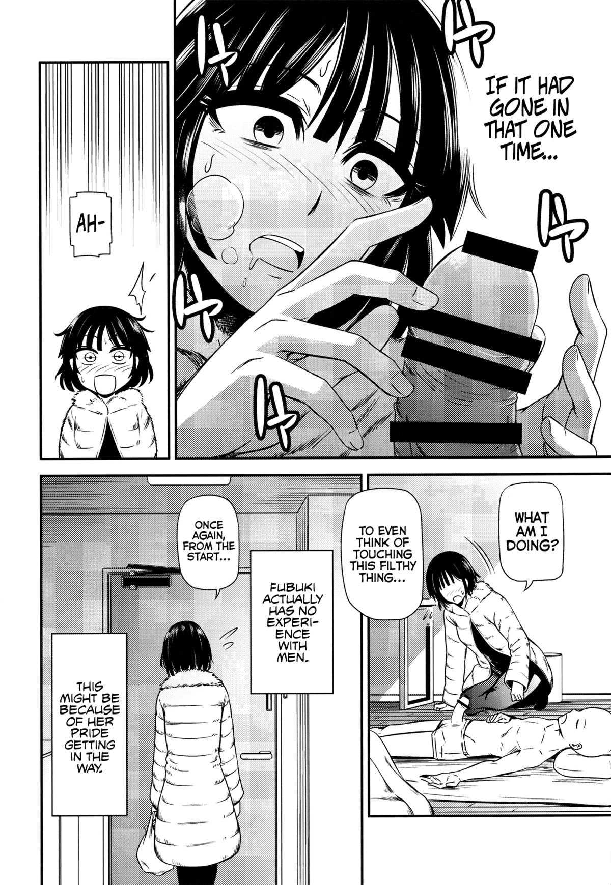 1boy, 1girls, bald, black hair, blush, censored, comic, english text, female, fubuki (one-punch man), kiyosumi hurricane, male, one-punch man, penis, saitama, short hair, sleeping, tagme