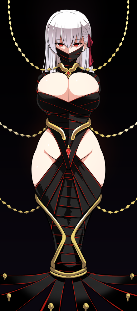 bondage_outfit breasts cleavage dark_persona dark_sakura empty_eyes encasement fate_(series) female gag hair_ribbon hip_vent large_breasts matou_sakura monoglove mummification_(bound) rebake rebake-1453 restrained ribbon solo white_hair wrapped_up