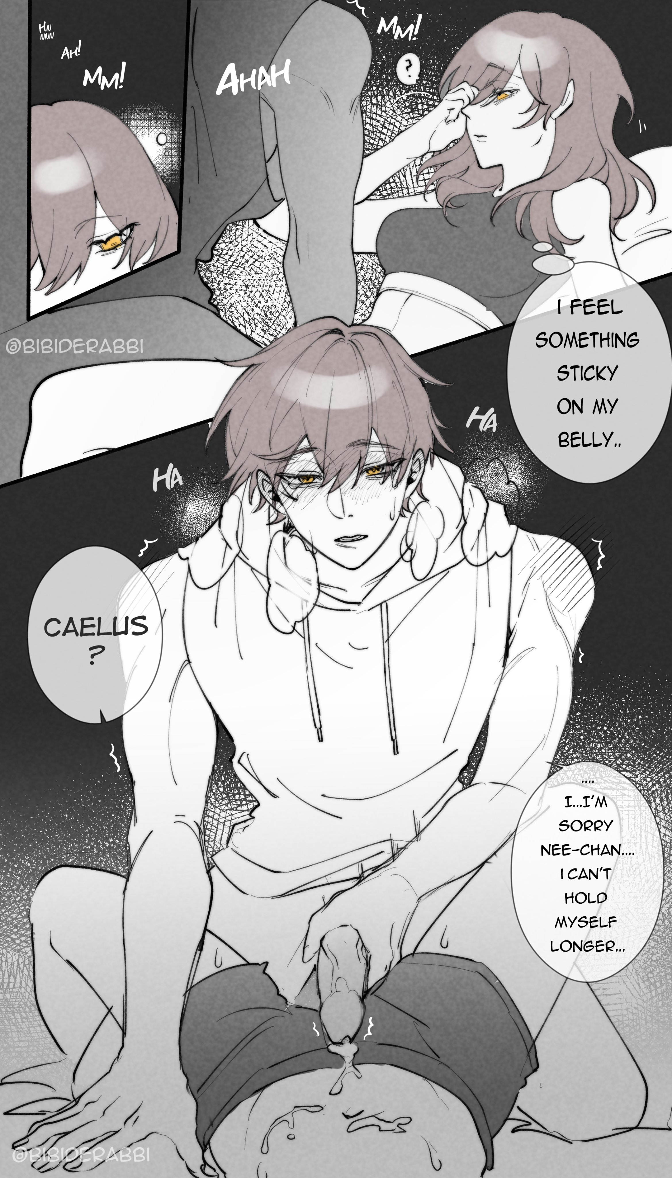 1boy, 1girls, bibiderabbi, black and white, blush, caelus (honkai: star rail), clothed male, comic, dialogue, dripping cum, dubious consent, english text, female, honkai (series), honkai: star rail, hoyoverse, incest, male, masturbation, messy hair, mihoyo, panting, penis, penis out, selfcest, sleeping, somnophilia, stelle (honkai: star rail), trailblazer (honkai: star rail), twincest, twins, waking up