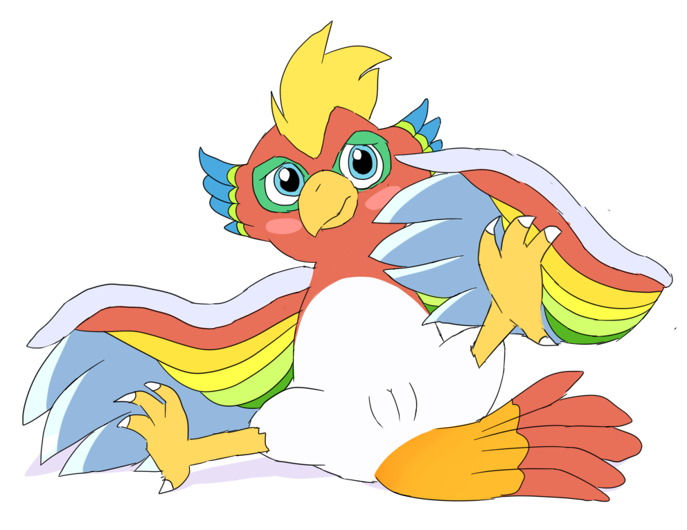 avian blush danel dyna_blade dyna_blade_(species) embarrassed feathers female feral furry kirby_(series) multicolored_body multicolored_feathers nintendo rainbow_body rainbow_feathers simple_background solo spread_legs spreading white_background white_body white_feathers