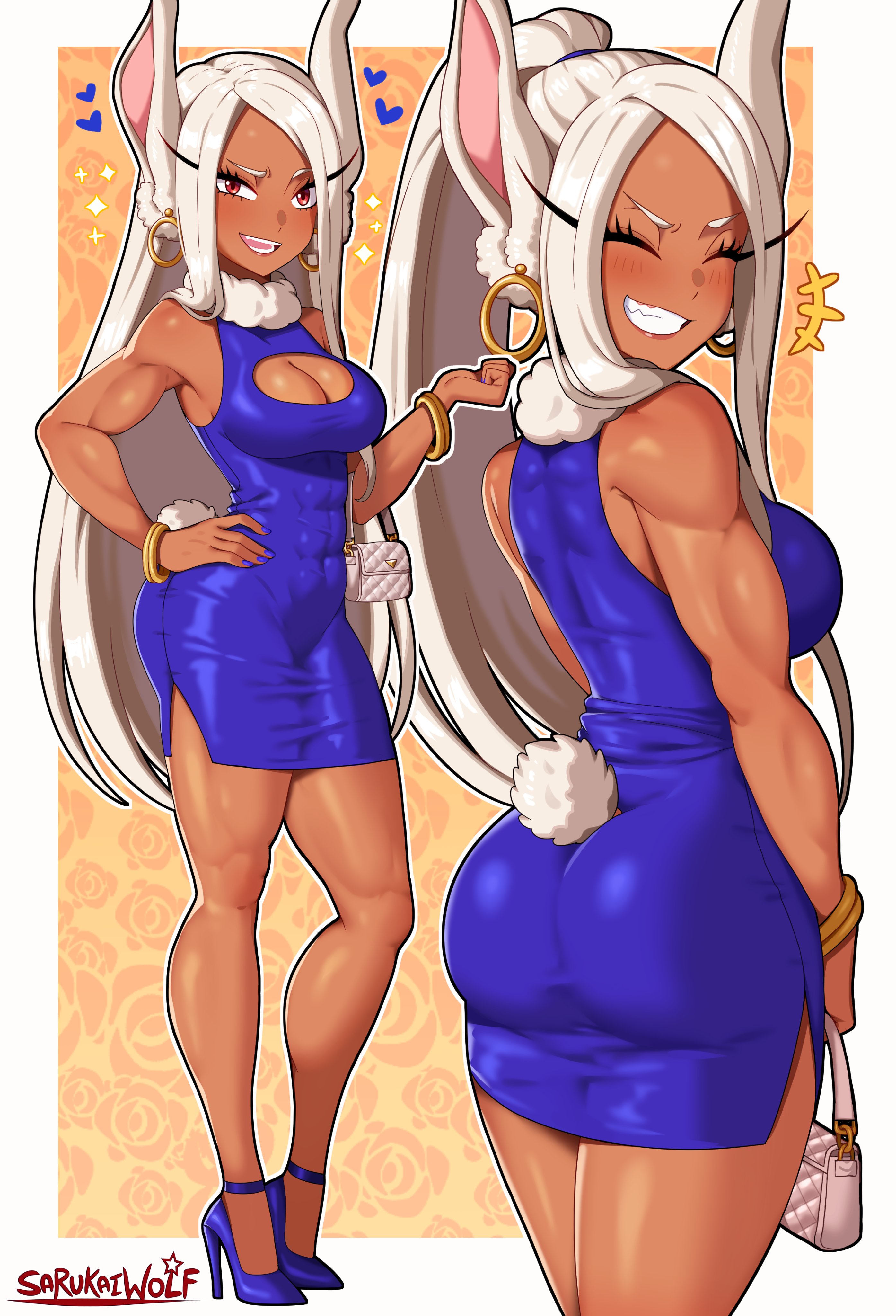 1girls, artist signature, ass, ass focus, ass in dress, big breasts, boku no hero academia, boob window, bracelet, breasts, bunny ears, bunny girl, bunny tail, busty, cleavage, cleavage cutout, curvy, dark skin, dark-skinned female, dress, earrings, female, front and back, high heels, hoop earrings, legs, long eyelashes, miruko, multiple poses, muscular, muscular female, my hero academia, purse, red eyes, rumi usagiyama, sarukaiwolf, short dress, tight clothing, white hair