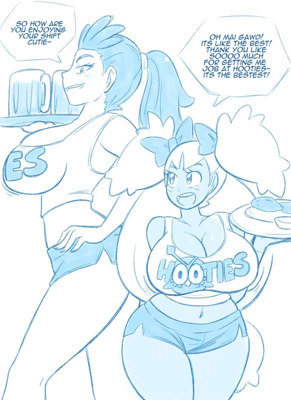 2girls alternate_breast_size bimbo bimbofication cilan_(pokemon) english_text female female_only genderswap_(mtf) hooters hooters_(parody) human iris_(pokemon) kobi-tfs monochrome multiple_girls pokemon rule_63 text transformation unaware