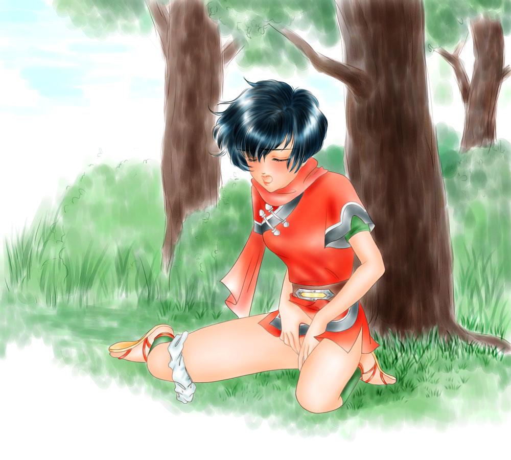 blush closed_eyes clothed_masturbation clothing kasumi_(suikoden) masturbation ninja open_mouth panties panties_around_leg panties_around_one_leg sandals short_hair solo suikoden suikoden_i suikoden_ii underwear