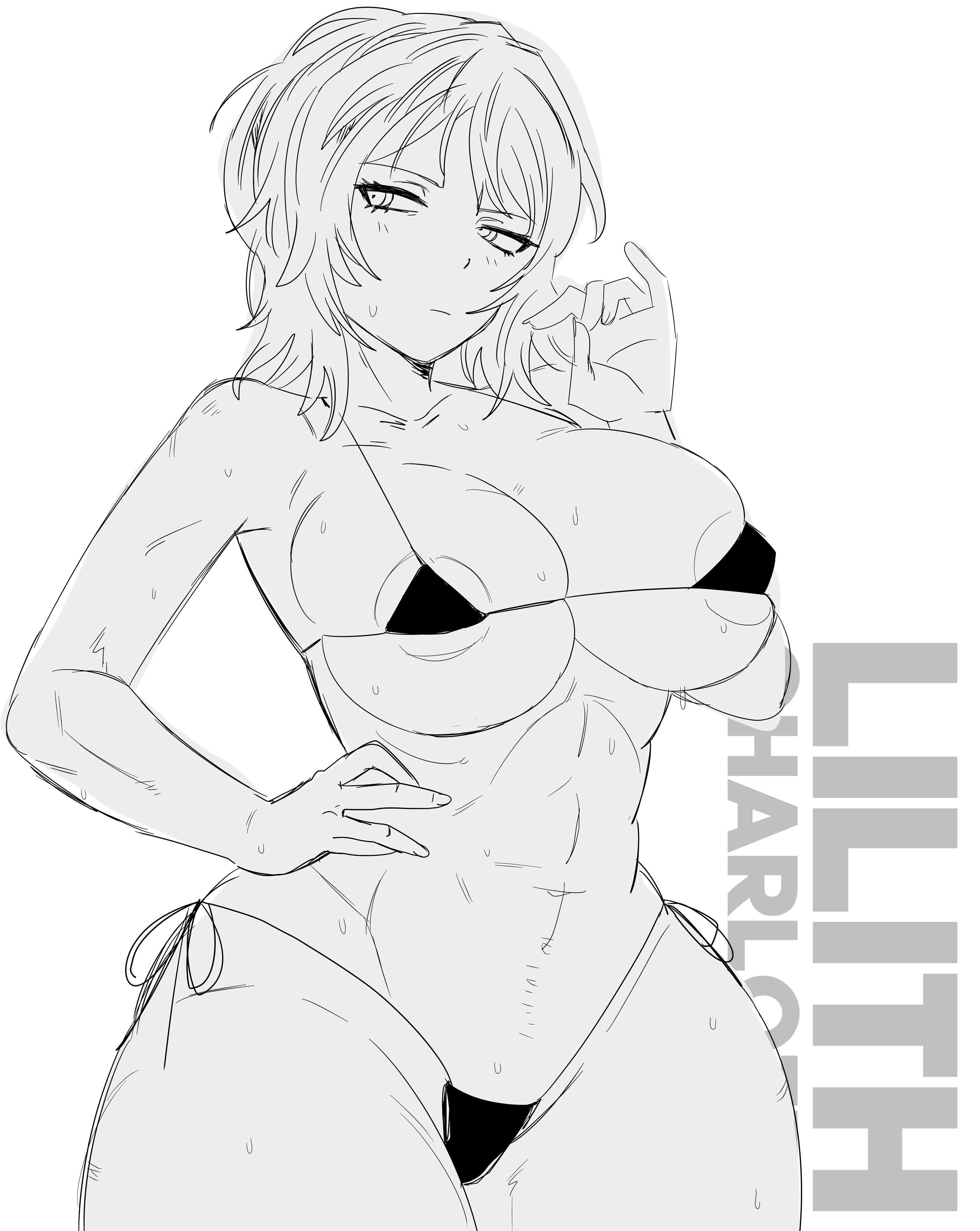 1girls, abs, absurd res, alternate breast size, areola slip, big breasts, bikini, breasts, faust (limbus company), female, hi res, highres, large breasts, lilithcharlott2, limbus company, looking away, monochrome, nipple slip, project moon, solo, sweat