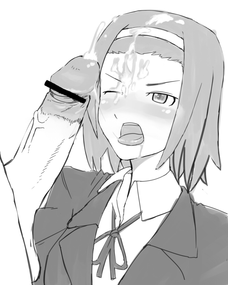 angry angry_facial censored cum cum_on_closed_eye cum_on_forehead facial female hairband headband human human_only k-on! male monochrome open_mouth osashimi_(artist) penis ritsu_tainaka_(k-on!) school_uniform short_hair straight tomboy tongue