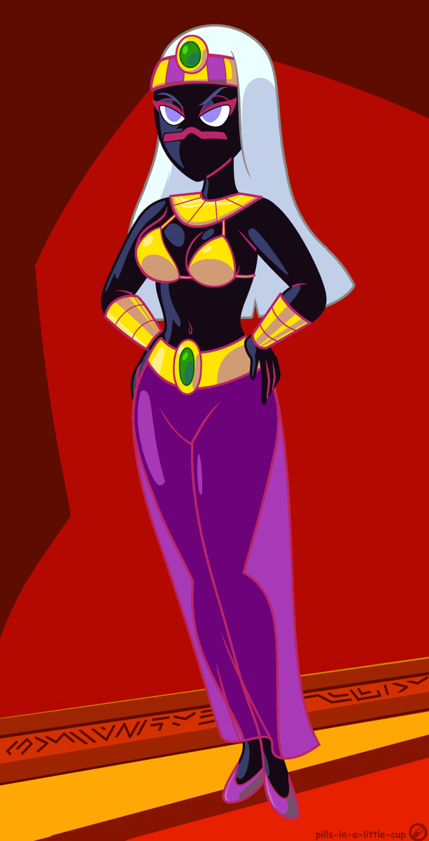 alien alien_girl alien_humanoid armbands black_body crown duck_dodgers facial_mark golden_bikini_top looney_tunes martian martian_(duck_dodgers) necklace pills-in-a-little-cup purple_eyes purple_skirt queen_tyr'ahnee see-through_skirt white_hair